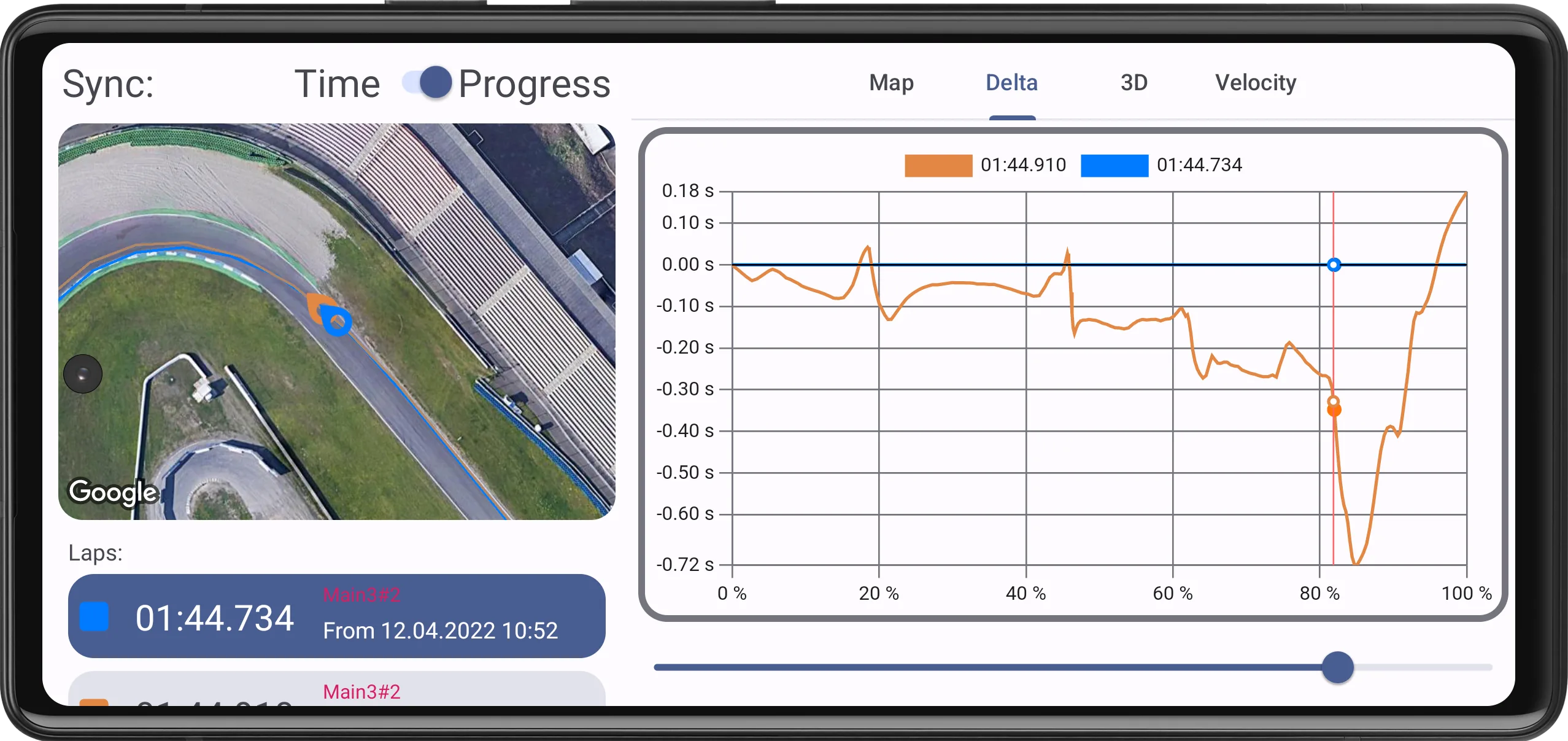 jRaceTracker lap comparison with track map and time delta graph